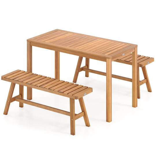 3 Pieces Acacia Wood Patio Dining Set Outdoor Rectangular Table and Benches with Slatted Seats
