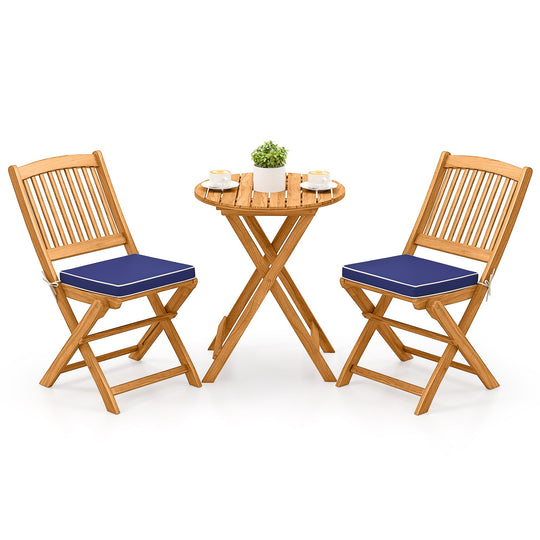 3 Pieces Acacia Wood Patio Folding Bistro Set with Soft Cushions