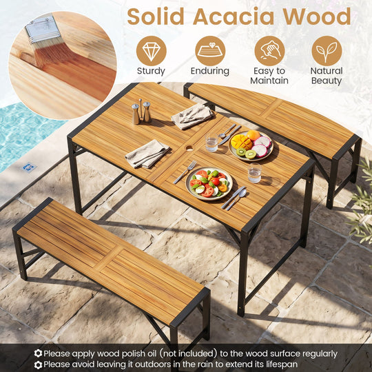51" Acacia Wood Patio Dining Table with Umbrella Hole