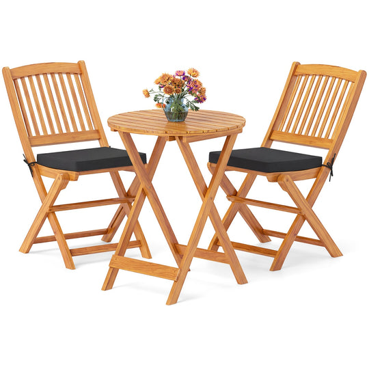 3-Piece Acacia Wood Folding Bistro Set with Cushions