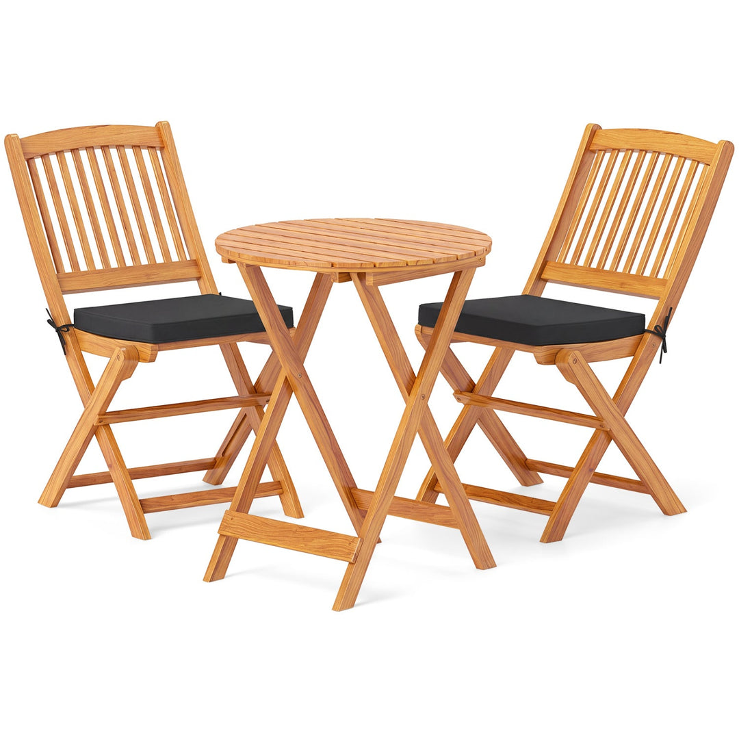 3-Piece Acacia Wood Folding Bistro Set with Cushions