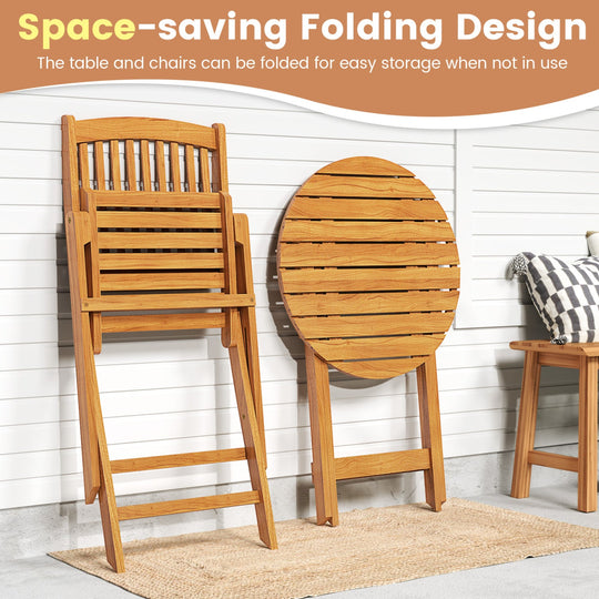 3-Piece Acacia Wood Folding Bistro Set with Cushions