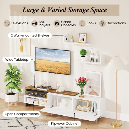 3 Pieces Farmhouse TV Stand for TVs up to 80 Inch with Cabinet and Compartments-White