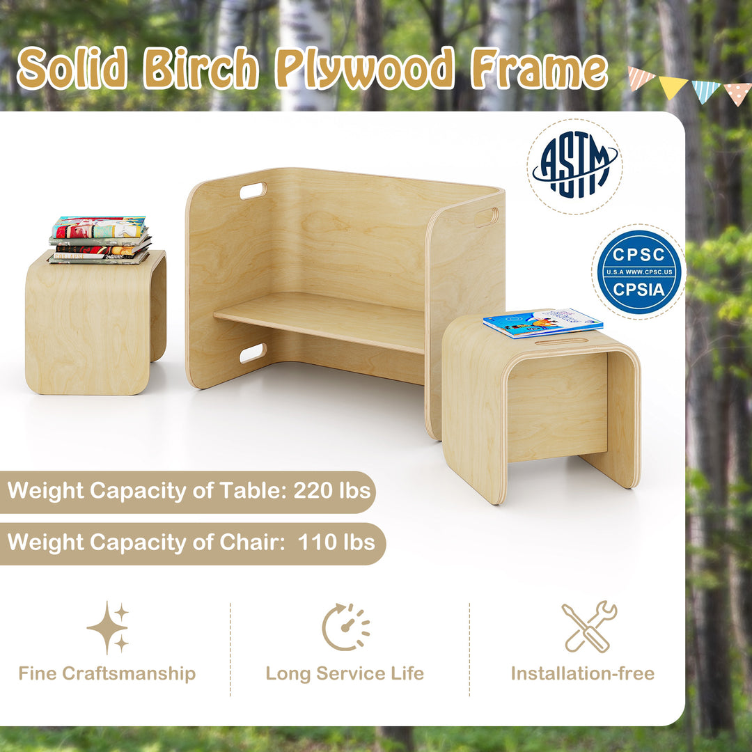 3 Pieces Kids Wooden Table and Chair Set-Natural