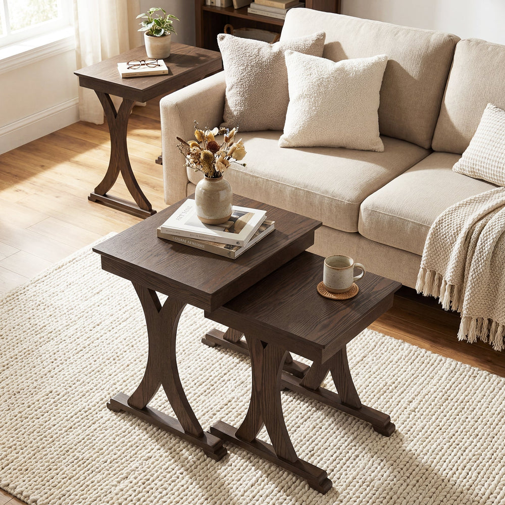 3 Pieces Nesting Coffee Table Side Table with Solid Rubber Wood Legs-Brown