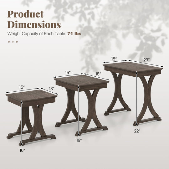 3 Pieces Nesting Coffee Table Side Table with Solid Rubber Wood Legs-Brown