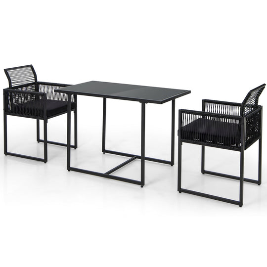 3 Pieces Outdoor Dining Set with Folding Backrest and Seat Cushions-Black