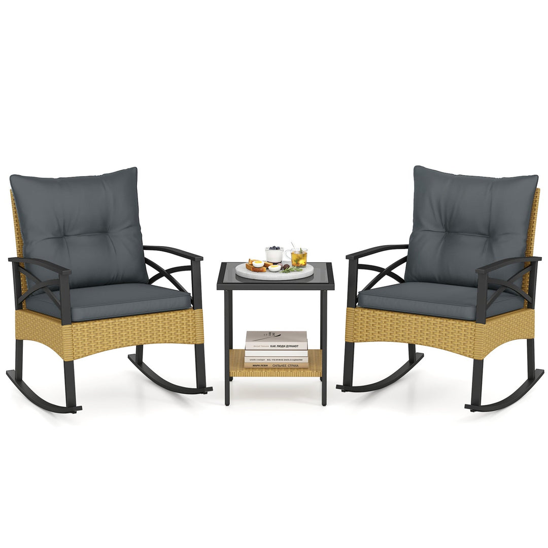 3 Pieces Outdoor Rattan Rocking Chairs Set with 2-Tier Side Table for Garden Backyard