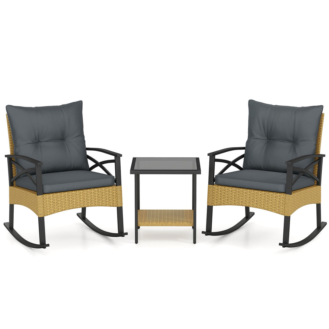 3 Pieces Outdoor Rattan Rocking Chairs Set with 2-Tier Side Table for Garden Backyard