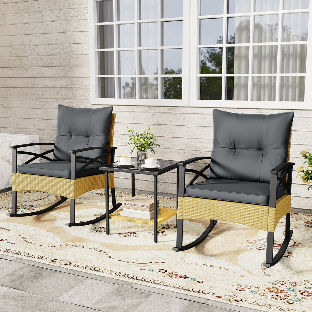 3 Pieces Outdoor Rattan Rocking Chairs Set with 2-Tier Side Table for Garden Backyard