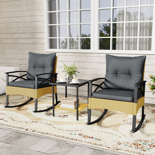 3 Pieces Outdoor Rattan Rocking Chairs Set with 2-Tier Side Table for Garden Backyard