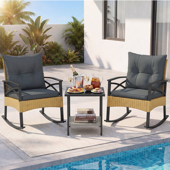 3 Pieces Outdoor Rattan Rocking Chairs Set with 2-Tier Side Table for Garden Backyard