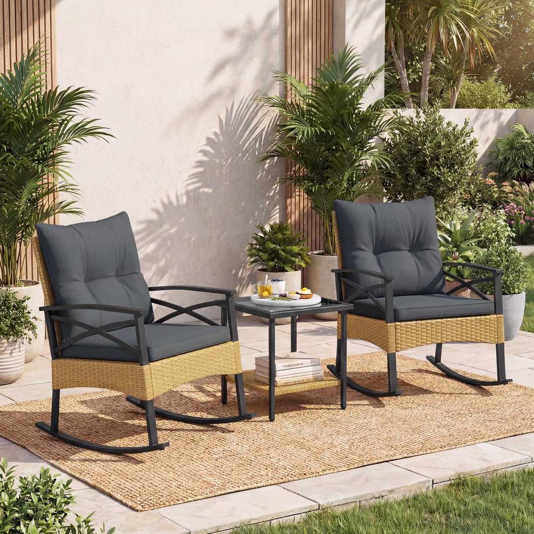 3 Pieces Outdoor Rattan Rocking Chairs Set with 2-Tier Side Table for Garden Backyard