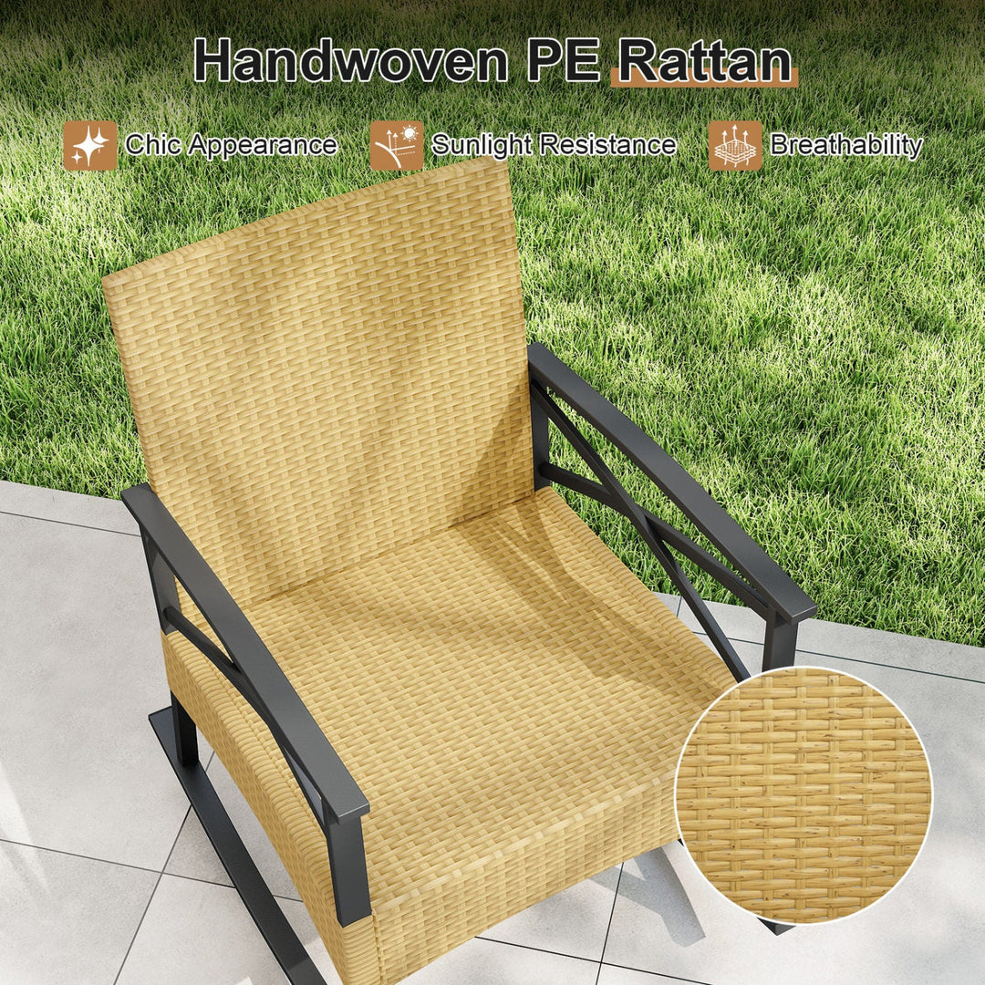3 Pieces Outdoor Rattan Rocking Chairs Set with 2-Tier Side Table for Garden Backyard