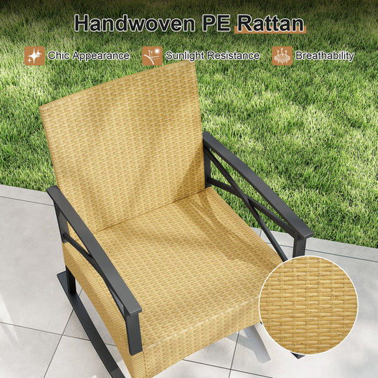 3 Pieces Outdoor Rattan Rocking Chairs Set with 2-Tier Side Table for Garden Backyard