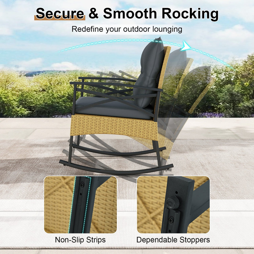 3 Pieces Outdoor Rattan Rocking Chairs Set with 2-Tier Side Table for Garden Backyard