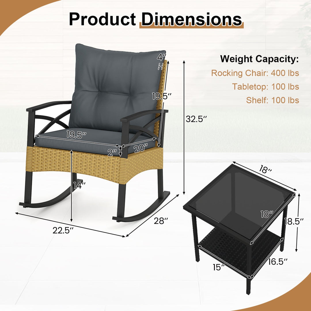 3 Pieces Outdoor Rattan Rocking Chairs Set with 2-Tier Side Table for Garden Backyard