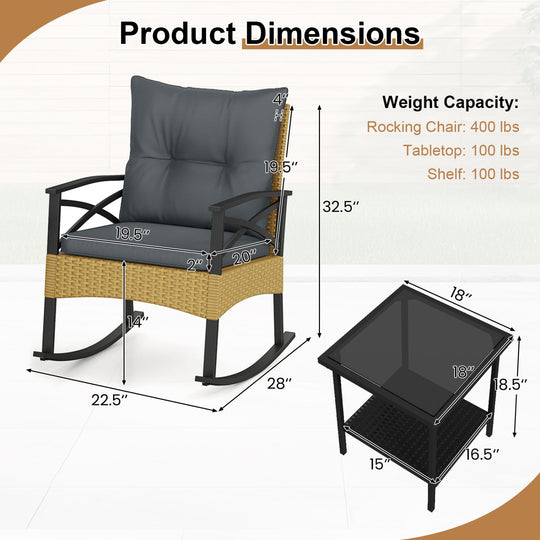 3 Pieces Outdoor Rattan Rocking Chairs Set with 2-Tier Side Table for Garden Backyard
