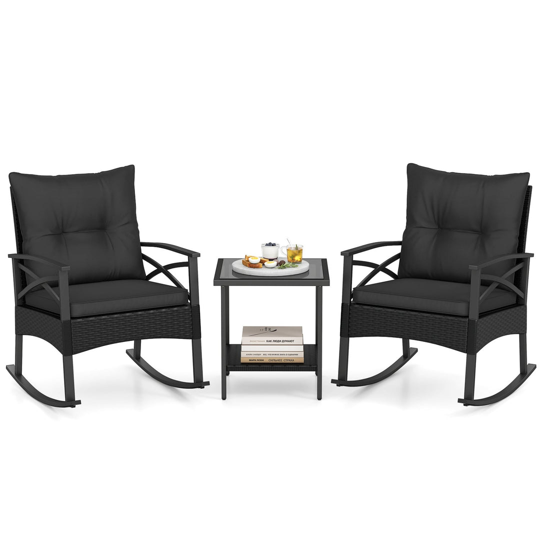 3 Pieces Outdoor Rattan Rocking Chairs Set with 2-Tier Side Table for Garden Backyard