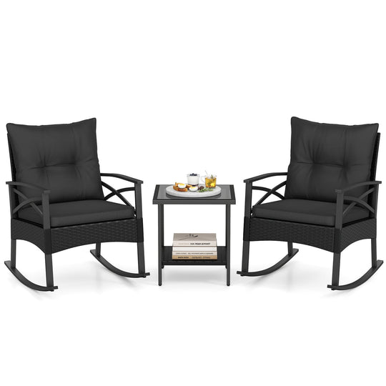 3 Pieces Outdoor Rattan Rocking Chairs Set with 2-Tier Side Table for Garden Backyard
