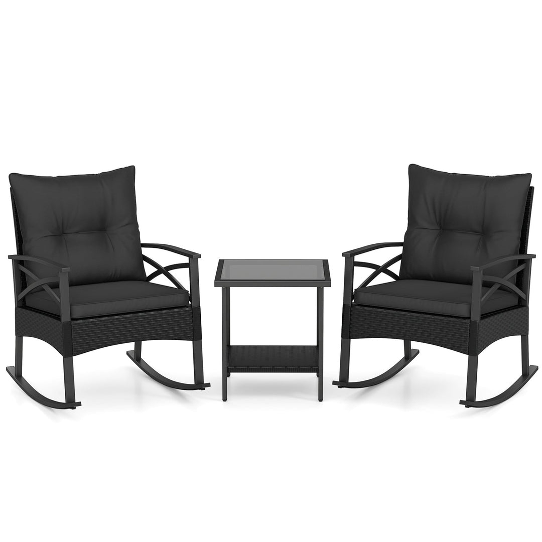 3 Pieces Outdoor Rattan Rocking Chairs Set with 2-Tier Side Table for Garden Backyard