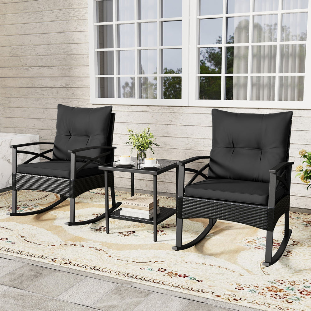3 Pieces Outdoor Rattan Rocking Chairs Set with 2-Tier Side Table for Garden Backyard