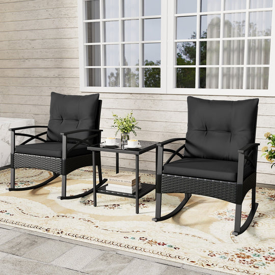 3 Pieces Outdoor Rattan Rocking Chairs Set with 2-Tier Side Table for Garden Backyard