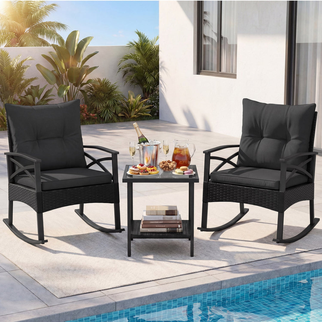 3 Pieces Outdoor Rattan Rocking Chairs Set with 2-Tier Side Table for Garden Backyard