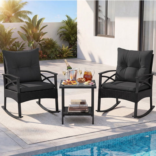 3 Pieces Outdoor Rattan Rocking Chairs Set with 2-Tier Side Table for Garden Backyard