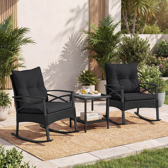3 Pieces Outdoor Rattan Rocking Chairs Set with 2-Tier Side Table for Garden Backyard
