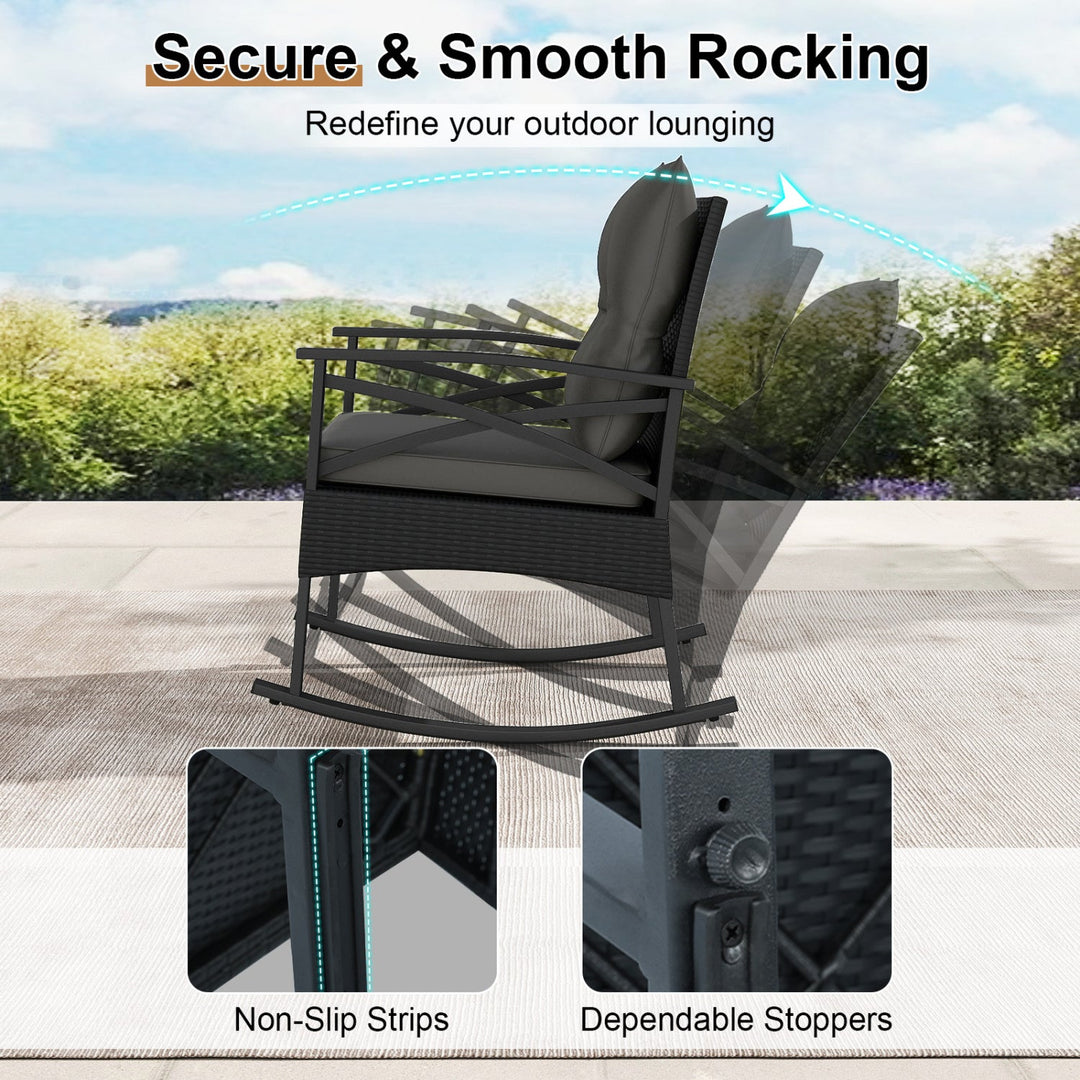 3 Pieces Outdoor Rattan Rocking Chairs Set with 2-Tier Side Table for Garden Backyard