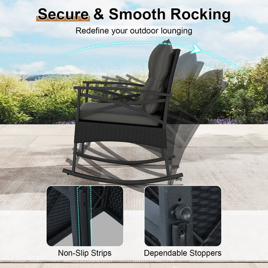 3 Pieces Outdoor Rattan Rocking Chairs Set with 2-Tier Side Table for Garden Backyard