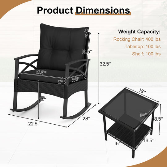 3 Pieces Outdoor Rattan Rocking Chairs Set with 2-Tier Side Table for Garden Backyard