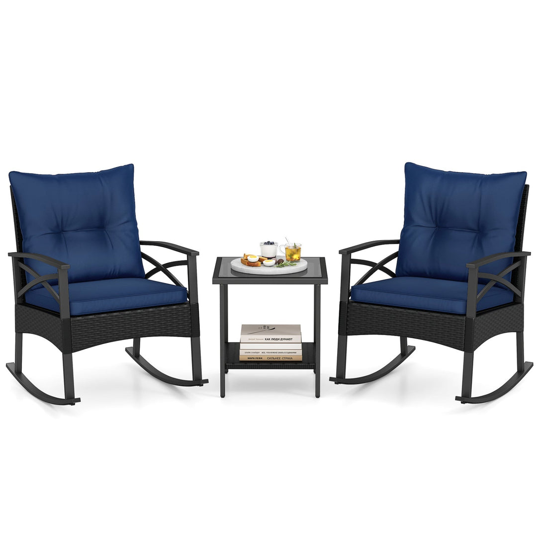 3 Pieces Outdoor Rattan Rocking Chairs Set with 2-Tier Side Table for Garden Backyard