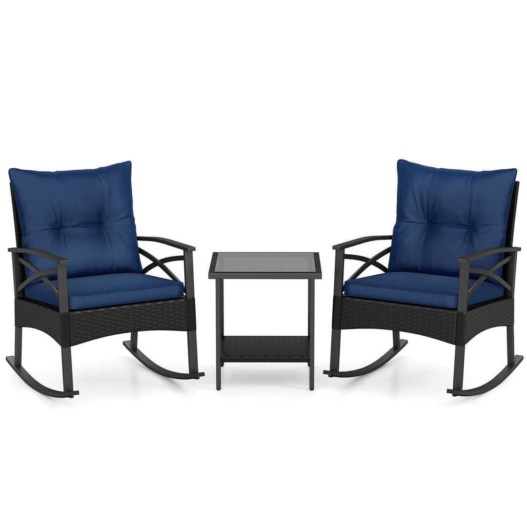 3 Pieces Outdoor Rattan Rocking Chairs Set with 2-Tier Side Table for Garden Backyard