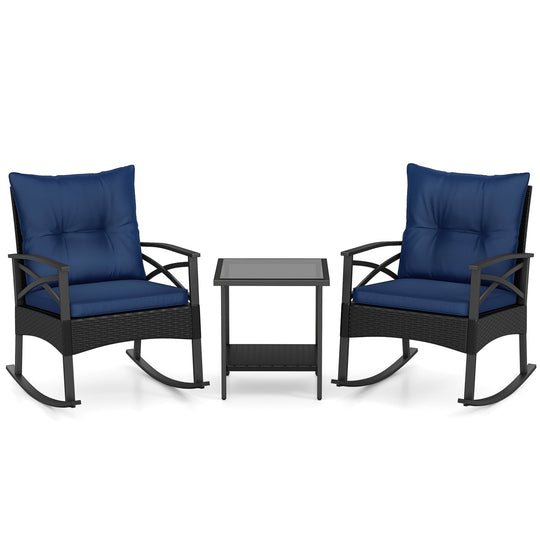 3 Pieces Outdoor Rattan Rocking Chairs Set with 2-Tier Side Table for Garden Backyard