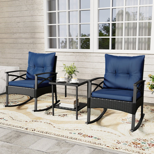 3 Pieces Outdoor Rattan Rocking Chairs Set with 2-Tier Side Table for Garden Backyard