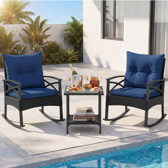 3 Pieces Outdoor Rattan Rocking Chairs Set with 2-Tier Side Table for Garden Backyard
