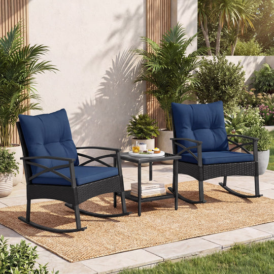 3 Pieces Outdoor Rattan Rocking Chairs Set with 2-Tier Side Table for Garden Backyard