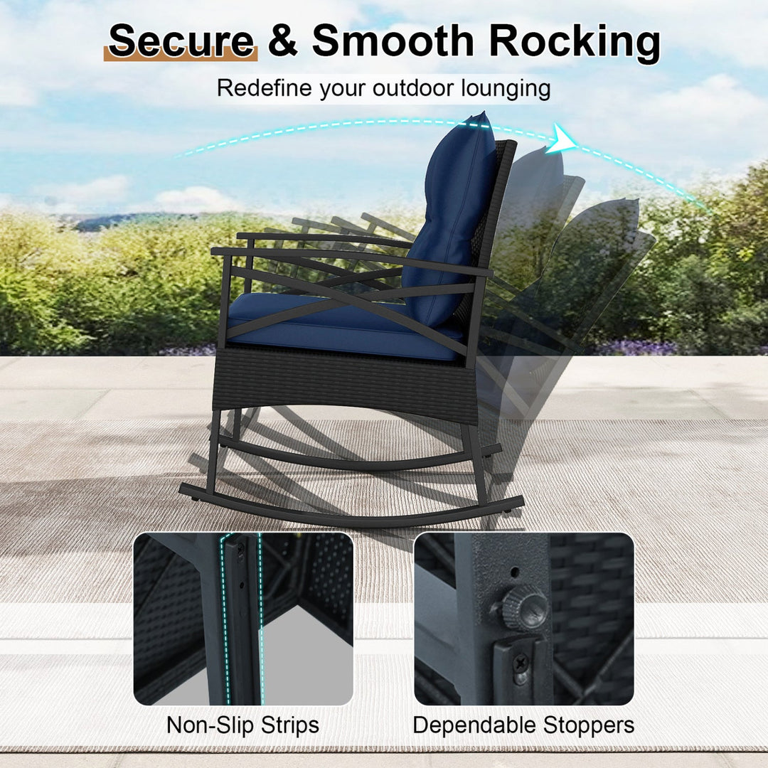 3 Pieces Outdoor Rattan Rocking Chairs Set with 2-Tier Side Table for Garden Backyard