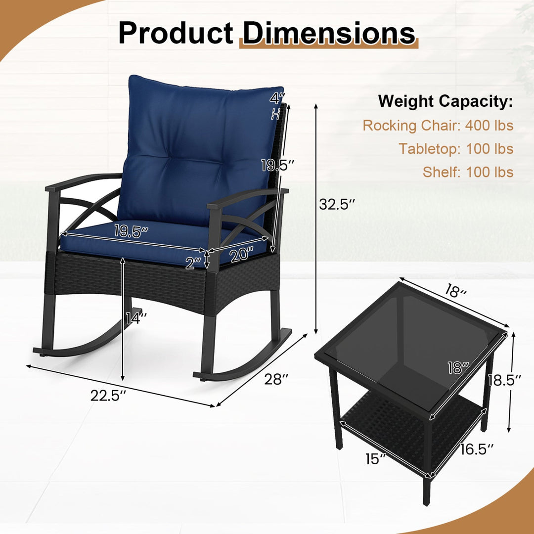 3 Pieces Outdoor Rattan Rocking Chairs Set with 2-Tier Side Table for Garden Backyard