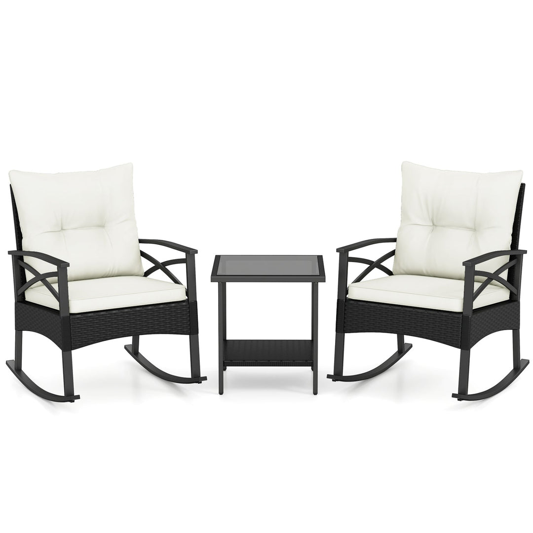 3 Pieces Outdoor Rattan Rocking Chairs Set with 2-Tier Side Table for Garden Backyard