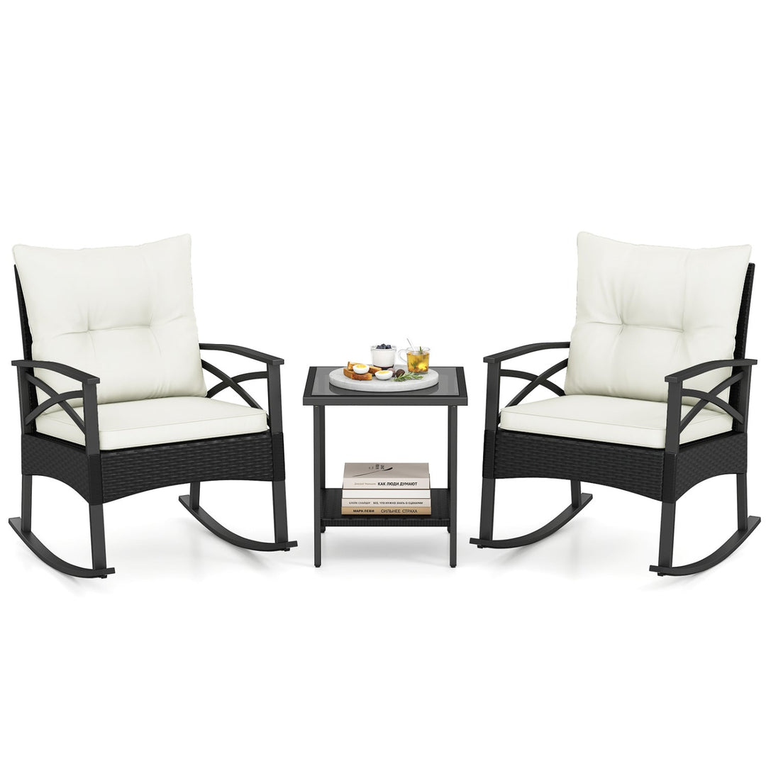 3 Pieces Outdoor Rattan Rocking Chairs Set with 2-Tier Side Table for Garden Backyard