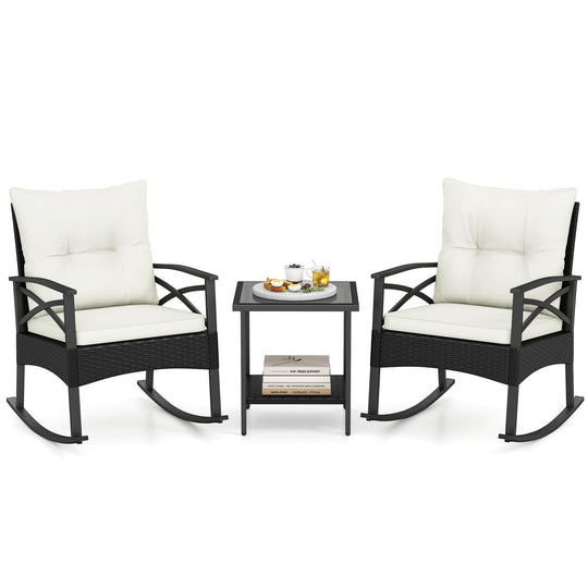 3 Pieces Outdoor Rattan Rocking Chairs Set with 2-Tier Side Table for Garden Backyard