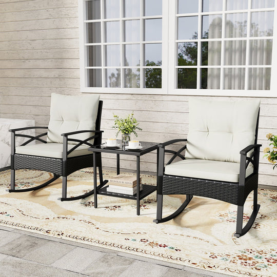 3 Pieces Outdoor Rattan Rocking Chairs Set with 2-Tier Side Table for Garden Backyard