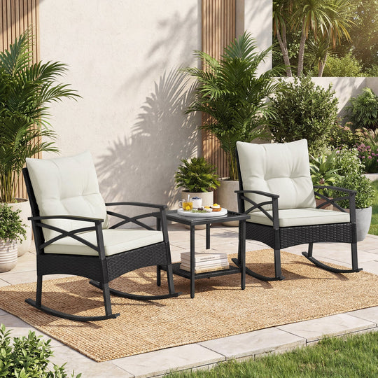 3 Pieces Outdoor Rattan Rocking Chairs Set with 2-Tier Side Table for Garden Backyard