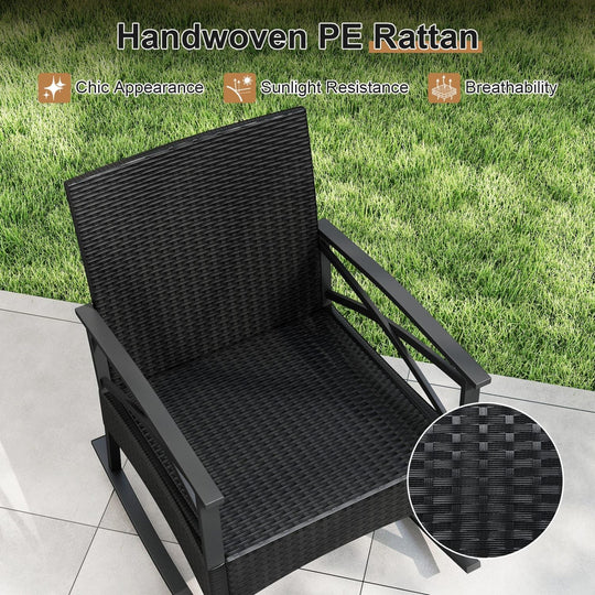 3 Pieces Outdoor Rattan Rocking Chairs Set with 2-Tier Side Table for Garden Backyard