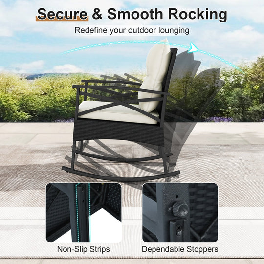 3 Pieces Outdoor Rattan Rocking Chairs Set with 2-Tier Side Table for Garden Backyard