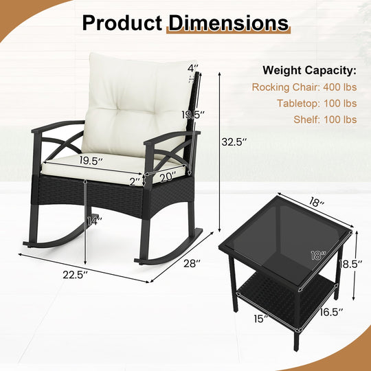 3 Pieces Outdoor Rattan Rocking Chairs Set with 2-Tier Side Table for Garden Backyard
