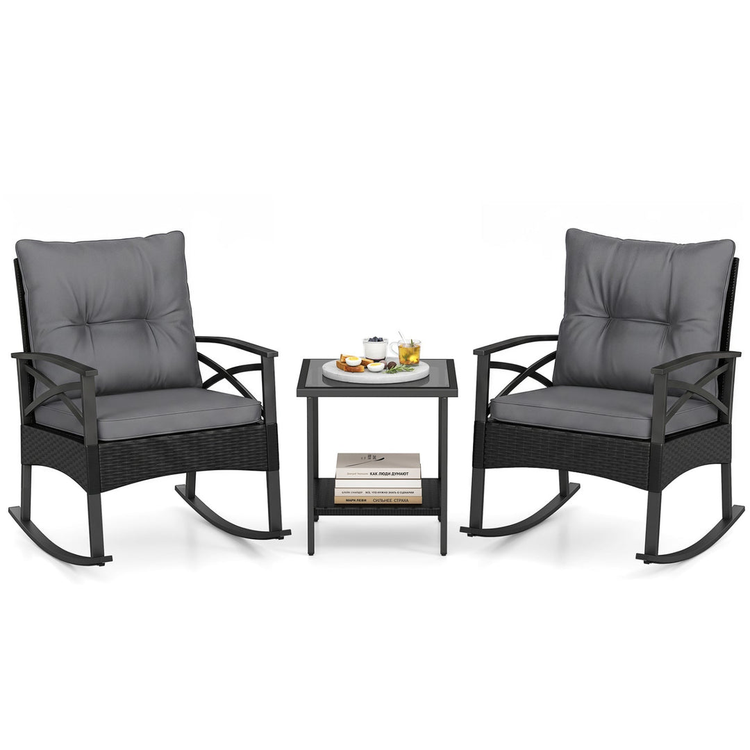 Outdoor Rattan Rocking Chair Set with Side Table - 3 Pieces